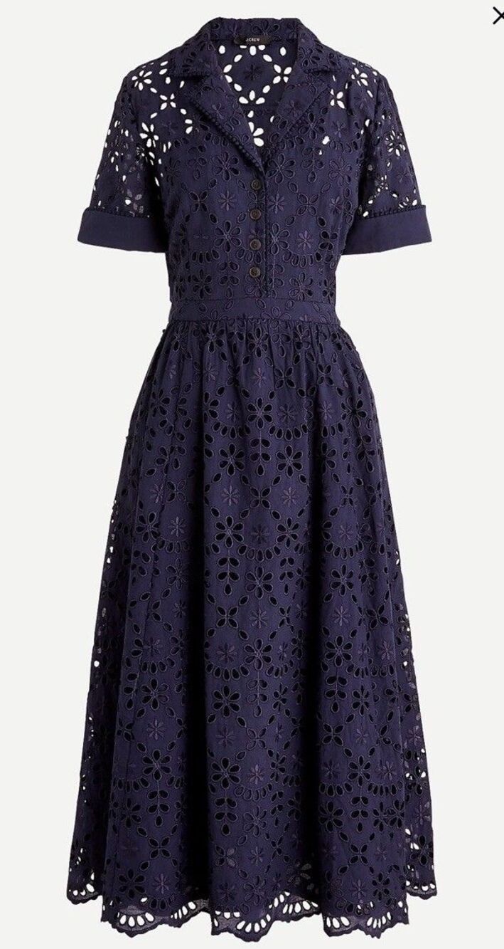 J Crew Embroidered Eyelet Navy Midi Dress Sz 2 1940s Retro Pockets Lucy Pinup
